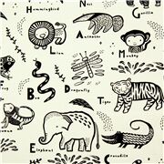 Tissu blanc lettres de l'alphabe anglais animaux illustr&eacute;s en noir