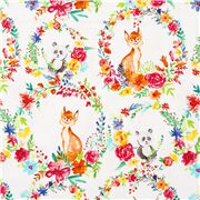 Tissu blanc avec des fleurs arc-en-ciel et des animaux