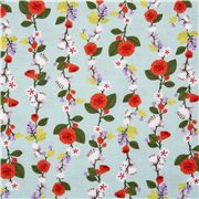 tessuto blu fiori rose rosse foglie in fila