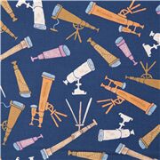 Tissu d'astronomie en coton bleu avec des t&eacute;lescopes multicolores