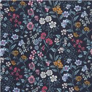 Tissu linon en coton bleu avec des petites fleurs multicolores