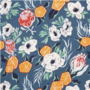 tessuto blu fiori bianchi rossi arance cotone Ritagli