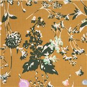 Brauner Baumwoll-Viella-Stoff mit Wiesenbl&uuml;ten und Blatwerk aus Japan