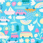Tissu bleu avec des v&eacute;hicules arc-en-ciel aux graphismes estivaux