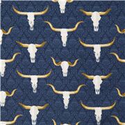 Tissu coton bleu fonc&eacute; t&ecirc;tes de bison morts blanches style western