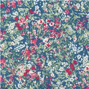 Tissu linon en coton bleu fonc&eacute; fleurs blanches roses rouges artistiques