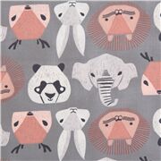 Tissu en flanelle grise des t&ecirc;tes de pandas, d'&eacute;l&eacute;phants et de lions