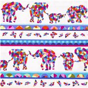 Tissu blanc bandes rayures &eacute;l&eacute;phants mosa&iuml;ques arc-en-ciel