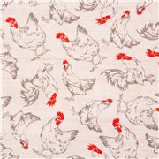 Tissu en coton cr&egrave;me avec des animaux de la ferme, des poulets