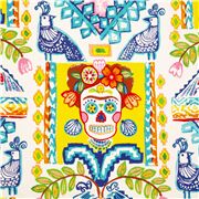 tessuto bianco Frida teschi di zucchero fiori uccelli cotone
