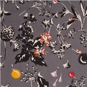 Grauer Baumwoll-Viella-Stoff mit Wiesenbl&uuml;ten und Blattwerk aus Japan