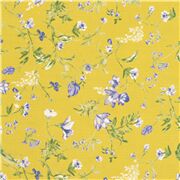 Gr&uuml;ngelber Baumwoll-Batist mit locker fallenden blauen Blumen