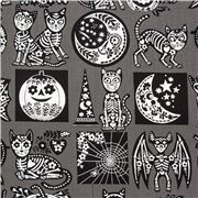 Tissu gris cr&acirc;nes lunes chats citrouilles squelettes noirs blancs pochoirs coupon