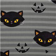 Tissu d'Halloween gris &agrave; rayures chats noirs et Jack-o-lantern