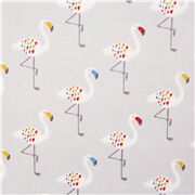 Tissu Oxford gris clair flamants blancs au bec et au plumage multicolores