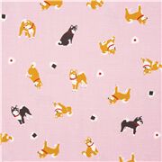 Tissu Oxford rose clair avec des chiens shiba inu et des boules de riz