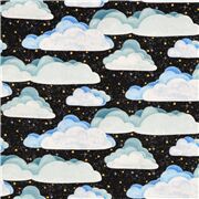 schwarzer Baumwollstoff wei&szlig;e Wolken gelbe Sterne