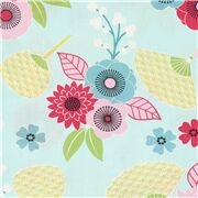 Tissu en coton bleu avec des fleurs japonaises et &eacute;ventails verts