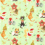 Tissu de No&euml;l minky vert clair avec des chats en costumes
