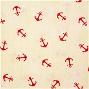 Tissu marin en coton cr&egrave;me avec des mini-ancres rouges