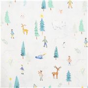Tissu de No&euml;l bleu clair personnages et animaux qui patinent
