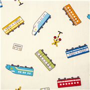 Tissu Oxford cr&egrave;me trains japonais Shinkansen, wagons multicolores