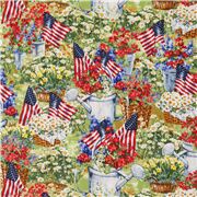 Tissu fleurs jardin et drapeaux am&eacute;ricains multicolores