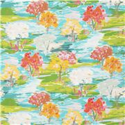Tissu en coton sc&egrave;ne de campagne, arbres, style aquarelle