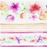 tessuto bianco cotone strisce fiori acquerello rosa arancione
