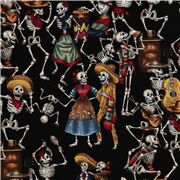schwarzer Baumwollstoff mit feiernden Skeletten Restst&Atilde;&OElig;ck