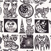 Tissu blanc cr&acirc;nes lunes chats citrouilles squelettes noirs blancs pochoirs