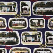 Tissu en coton bleu Happy Campers avec des caravanes r&eacute;tros