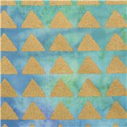 Tissu bleu en coton style batik, motif par&eacute;o aspect teint&eacute; triangles dor&eacute;s
