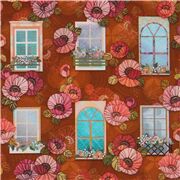 brauner Stoff mit bunten Fenstern und Mohnblumen Restst&Atilde;&OElig;ck