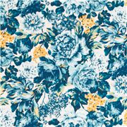 Tissu cr&egrave;me roses bleues, jaunes, dahlias, tulipes, lilas