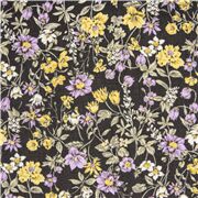 Dunkelblauer Baumwoll-Rasenstoff lila gelbe Blumen Japan
