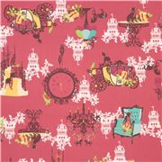 Toile rose-rouge fonc&eacute; avec des chiens, des carrosses, des pendules
