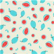 Tissu jaune clair avec des goyaves turquoise coupon