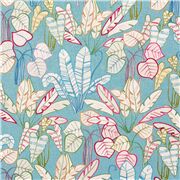 Tissu en coton bleu avec des feuilles multicolores dessin&eacute;es