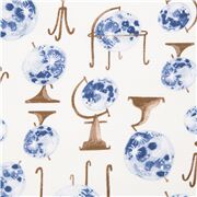 Tissu bleu et marron avec des globes lune illustr&eacute;s astronomie vintage
