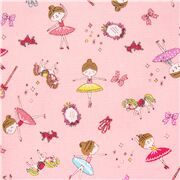 Tissu Oxford coton rose avec des ballerines, rubans, danseuses, Japon