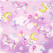 tessuto viola nuvole brillantini dal Giappone stelle unicorni rosa cotone