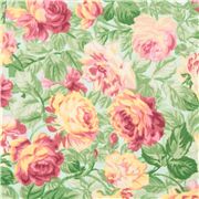 tessuto giapponese verdeazzurro chiaro rose rosse gialle foglie verdi fiori
