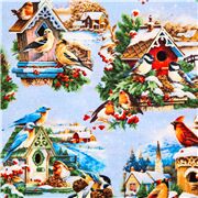 Saison Urlaub Vogelh&auml;uschen Winter blaue Weihnachten Baumwollstoff roter Kardinal