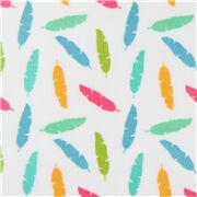 Tissu lamin&eacute; d&eacute;perlant blanc avec des plumes multicolores coupon
