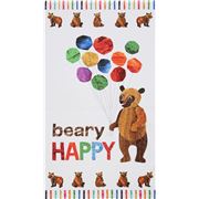 Tissu Andover blanc avec un grand ours brun avec des ballons, Beary Happy