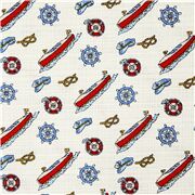 Tissu japonais textur&eacute; Dobby blanc avec des ancres bateaux sur le th&egrave;me marin