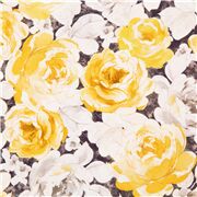 Tissu gris avec des roses jaunes grandes fleurs peintes &agrave; l'aquarelle coupon